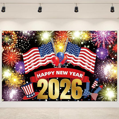 Happy New Year Banner 2026 72x44 Inch Illuminated Firework Design New Years Eve Party Decorations Holiday Celebration Banner Props Backdrop