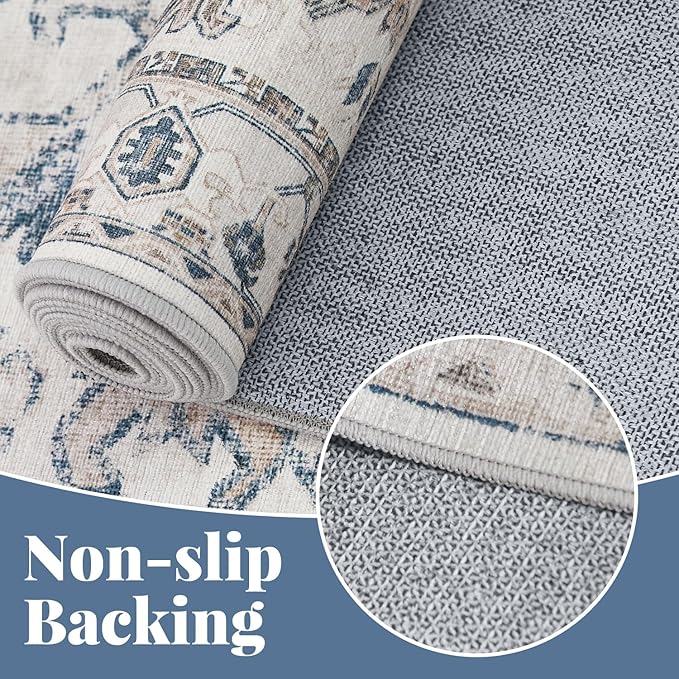 jinchan Machine Washable Area Rugs 4x6 - Vintage Floral Stain Resistant Low Pile Ultra-Thin Non Slip Accent Rug for Bedroom Living Room Kitchen Dining Room Entryway (4x6ft,Blue)