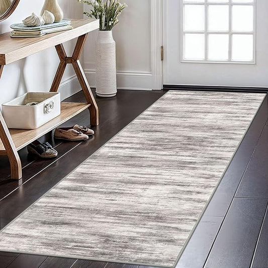 KOZYFLY Modern Abstract Kitchen Runner Rug, 2x6 Washable Rug Runner Non-Slip Soft Striped Hallway Runner Rugs, Grey Beige Print Carpet Runner for Entryway Bathroom Laundry Room Foyer
