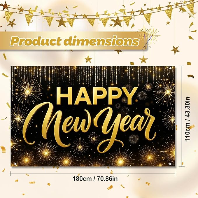 Happy New Year Backdrop Black and Gold Fireworks Banner Glitter Photography Background 71x43 Inches Indoor Outdoor Party Decoration New Year Eve Celebration Supplies