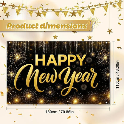 Happy New Year Backdrop Black and Gold Fireworks Banner Glitter Photography Background 71x43 Inches Indoor Outdoor Party Decoration New Year Eve Celebration Supplies