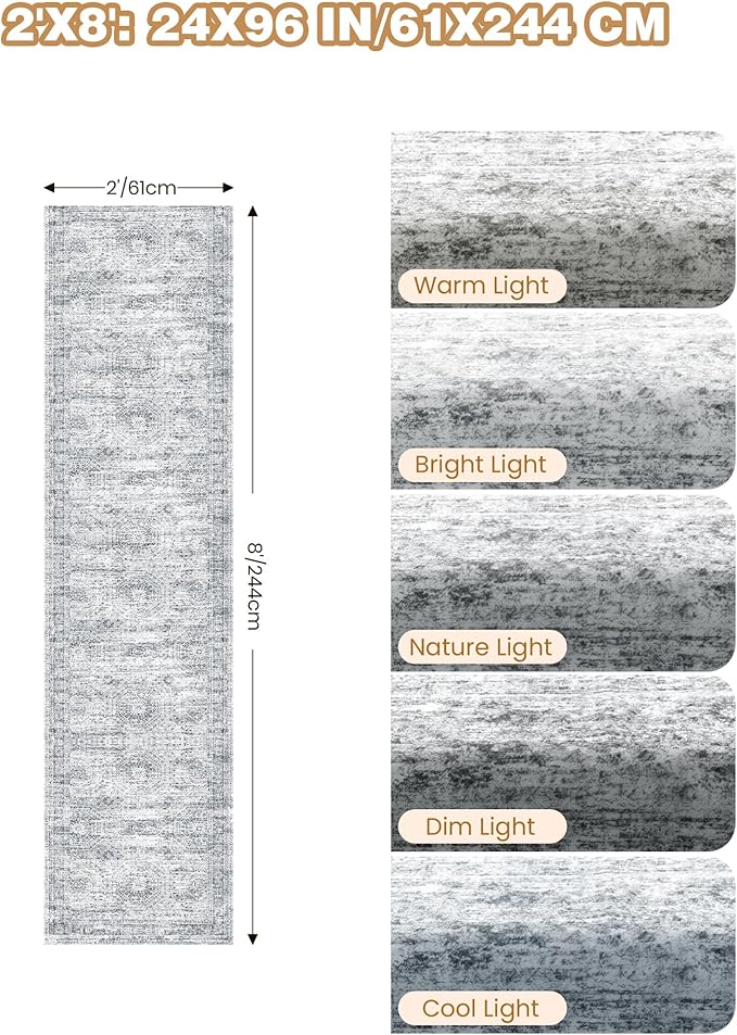 Rug Runners for Hallways Non Slip - 2x8 Runner Rug for Bedroom, Washable Runner with Rubber Backing, Soft Low-Pile Carpet for Kitchen, Laundry, Bathroom (2'x8', Grey/Ivory)