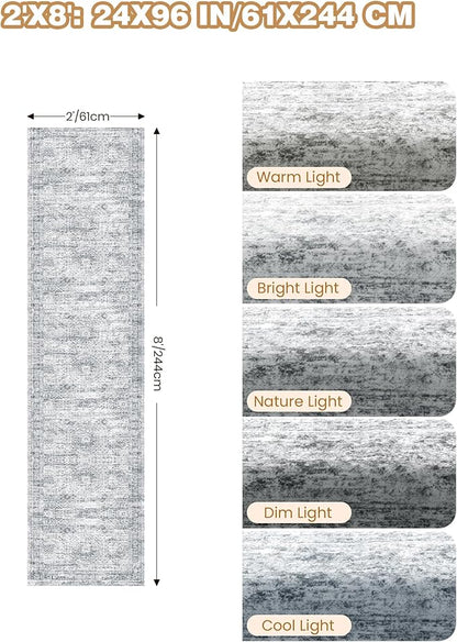 Rug Runners for Hallways Non Slip - 2x8 Runner Rug for Bedroom, Washable Runner with Rubber Backing, Soft Low-Pile Carpet for Kitchen, Laundry, Bathroom (2'x8', Grey/Ivory)