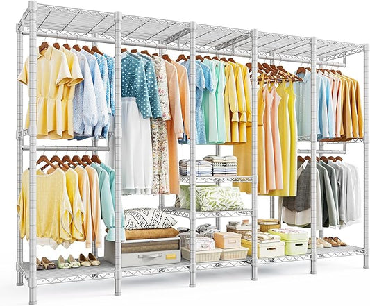 Raybee 88.2" W Clothes Rack Heavy Duty Clothing Racks for Hanging Clothes Portable Closet Loads 1200LBS Freestanding Garment Rack for Bedroom 88.2" W x 75.6" H x 15.7" D, White