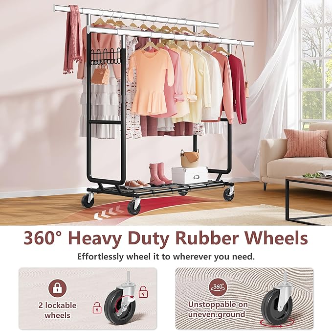 Hoctieon 2-Minute Assembly Double Rod Clothes Rack, Heavy Duty Rolling Clothing Racks with Wheels, Foldable Commercial Garment Rack, Extendable Hanging Bar, Adjustable Metal Pole with Hooks, Black