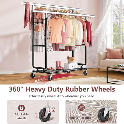 Hoctieon 2-Minute Assembly Double Rod Clothes Rack, Heavy Duty Rolling Clothing Racks with Wheels, Foldable Commercial Garment Rack, Extendable Hanging Bar, Adjustable Metal Pole with Hooks, Black
