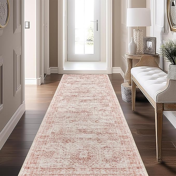 Long Bathroom Rugs Runner - Washable Runner Rugs for Hallway 2x10, Ultra-Thin Soft Kitchen Carpet Runner, Anti Slip Backing Runner Rugs for Entrance, Bedroom, Living Room(2'x10', Pink/Ivory)