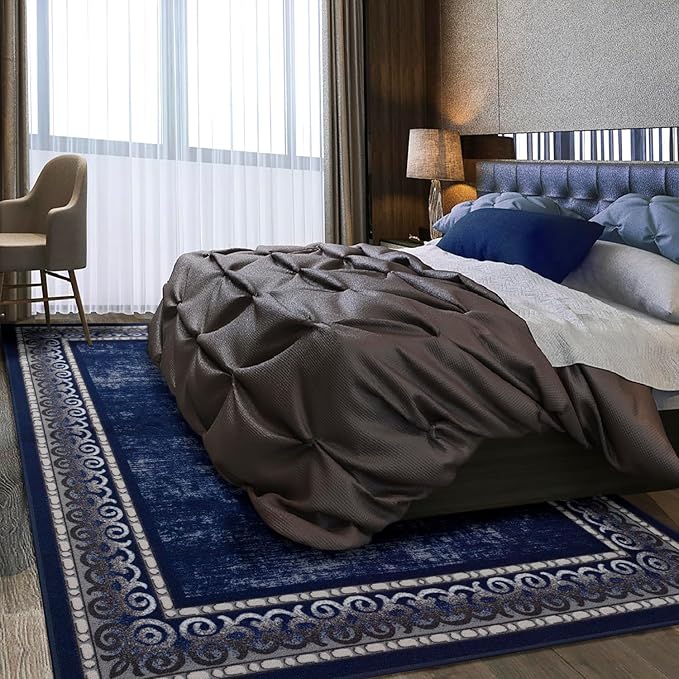 Antep Rugs Alfombras Bordered Modern 8x10 Non-Slip (Non-Skid) Low Pile Rubber Backing Indoor Area Rug (Navy, 7'10" x 10')