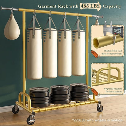 Raybee Heavy Duty Clothes Rack, Gold Clothing Racks for Hanging Heavy Clothes 200+, Rolling Clothing Rack Load 485 LBS, Extendable & Adjustable Portable Commercial Garment Rack with Wheels, Gold