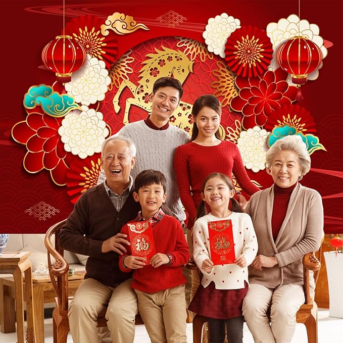 Renaiss 5x3ft Happy Chinese New Year Backdrop Year of The Horse Spring Festival Banner Gold Horse Lucky Clouds Flowers Background Chinese Birthday Lantern Festival Party Decors Photo Studio Props
