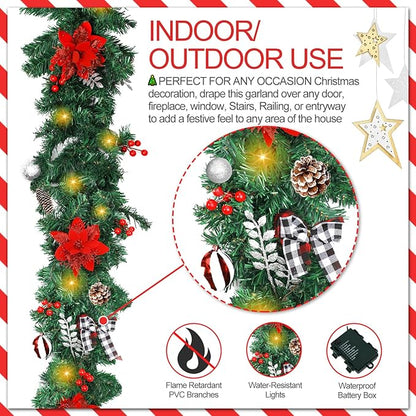 Christmas Garland with Lights,Pre-lit 9ft Christmas Decorations with 50 LED Lights,with Waterproof Battery Box,Indoor&Outdoor Use,for Stairs Fireplace Front Door Porch Home (Battery NOT Include)
