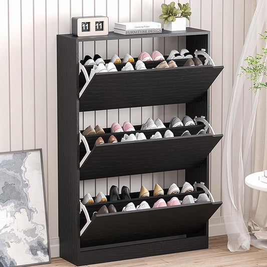 Shoe Storage Cabinet with 3 Flip Drawers,Narrow Shoe Rack Cabinet,Freestanding Organizer Storage for Entryway, Hallway, Black