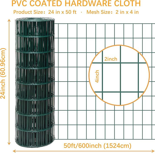 Green Metal Garden Fence, 24inch(H) x 50ft(L), 2 inch x 4 inch,12.5GA 2/3/4/5/6 Ft Tall Chicken Wire PVC Coated Welded Wire Mesh Roll for Dogs Border Yard Vegetable Plant Protection Poultry Netting
