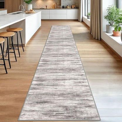 KOZYFLY Modern Abstract Washable Rug Runner 2.6x16 Hallway Rug Runner Non-Slip Soft Kitchen Runner Rugs, Grey-Beige Striped Carpet for Entryway Bathroom Laundry Room Foyer