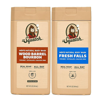 Dr. Squatch NEW Body Wash for Men with Nourishing, Natural Ingredients | No Paraben, Phthalate, Sulfate | All Day Moisture | Long Lasting Scent | Wood Barrel Bourbon & Fresh Falls (14 oz, 2-Pack)