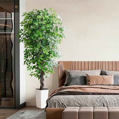Artificial Ficus Tree 6FT Faux Plants Indoor Tall Fake Plants with White Tall Planter, Green Lifelike Lush Fake Ficus Tree for Home Living Room Bedroom Outdoor Balcony House Office Decor