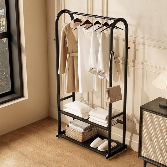 Sturdy heavy duty clothes rack,Black clothing rack with bottom shelves and 6 side hooks,Metal garment rack for hanging clothes,Wardrobe rack for Bedroom