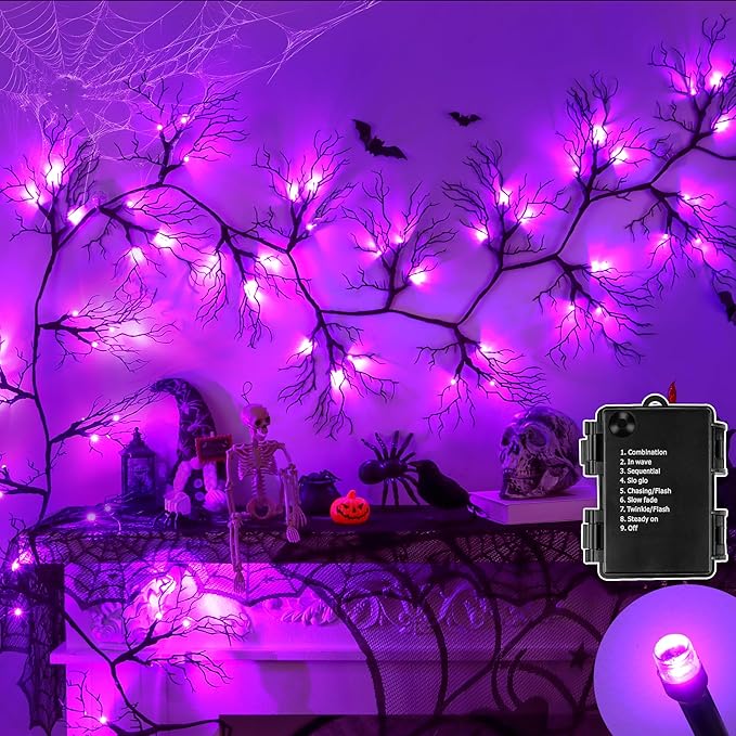 9 FT 66 LED Halloween Black Garland Willow Vine Twig Decor with Purple Light, 8 Modes & Timer Battery Operated Waterproof Halloween Decorations Indoor for Mantle Fireplace Home Office Party Decor