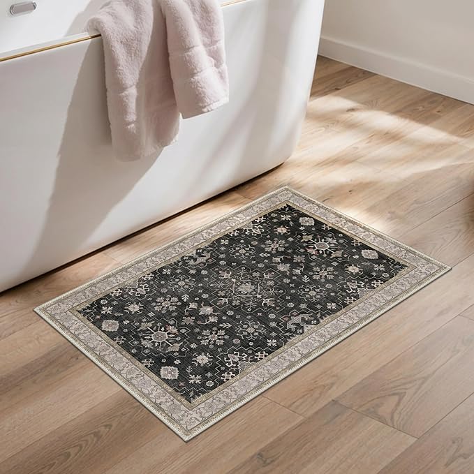 GENIMO 2x3 Washable Entry Rug,Small Rugs for Entryway Kitchen Bathroom Door Mat Indoor Entrance, Non Slip Rubber Backing, Stain & Fade Resistant,Black