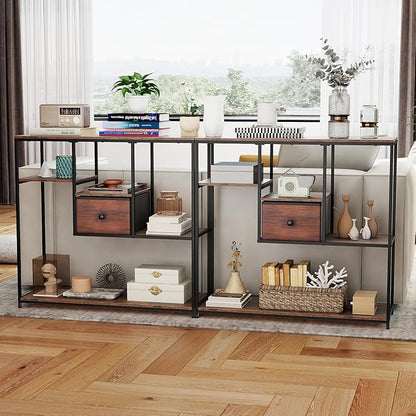 Giantex 40” Narrow Console Table, Modern Sofa Table with Open Storage Shelves and Removable Drawer, Skinny Behind Couch Tables, Long Entrway Tables for Living Room, Foyer, Hallway (Rustic Brown+Black)