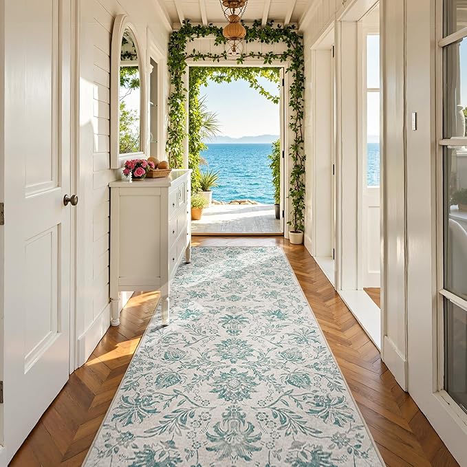 jinchan Runner Rugs 3x10 Vintage-Inspired Floral Design Machine Washable Non-Slip Ultra-Thin Low-Pile Rubber Backing Traditional Rug for Kitchen Hallway Laundry Room Entryway Turquoise