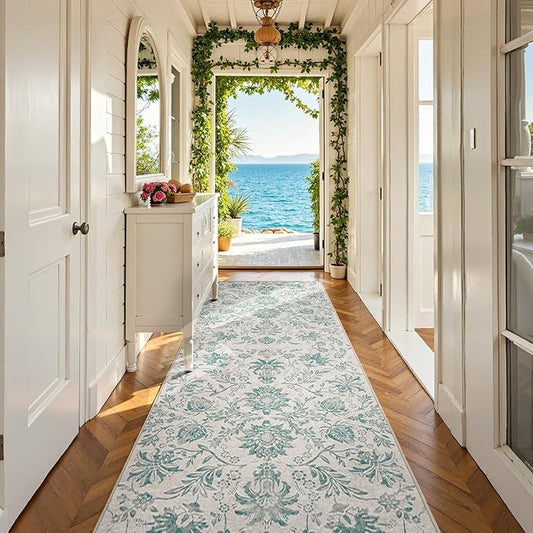 jinchan Runner Rugs 3x10 Vintage-Inspired Floral Design Machine Washable Non-Slip Ultra-Thin Low-Pile Rubber Backing Traditional Rug for Kitchen Hallway Laundry Room Entryway Turquoise