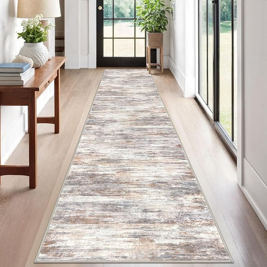 KOZYFLY Modern Abstract Runners for Hallways 2x12 Washable Rug Runner Non-Slip Soft Striped Kitchen Runner Rug, Multi Grey Print Carpet Runner for Entryway Bathroom Laundry Room Foyer