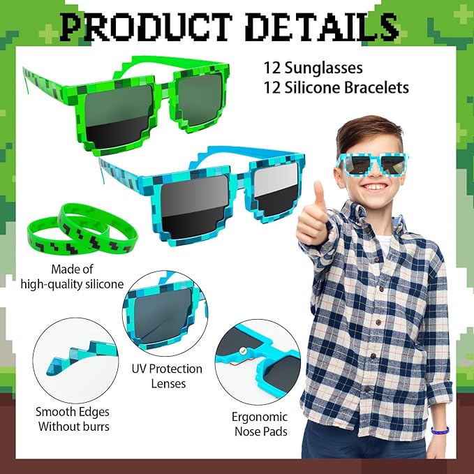 24Pack Pixel Theme Party Favors, 12 Sunglasses and 12 Bracelets for Kids Adults Birthday Party Decorations Supplies