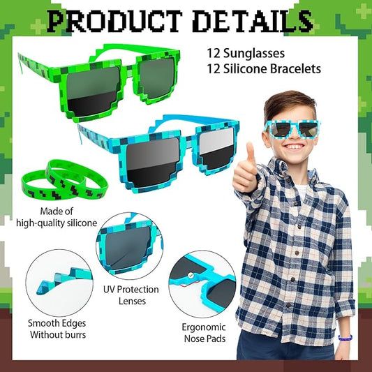 24Pack Pixel Theme Party Favors, 12 Sunglasses and 12 Bracelets for Kids Adults Birthday Party Decorations Supplies