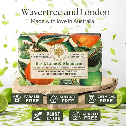 Wavertree & London Basil Lime & Mandarin Scented Natural Soap Bar, 7oz Moisturizing French Triple Milled Soap Bar for Women & Men Enriched with Organic Shea Butter, Pure Bath & Body Soap (1 Bar)