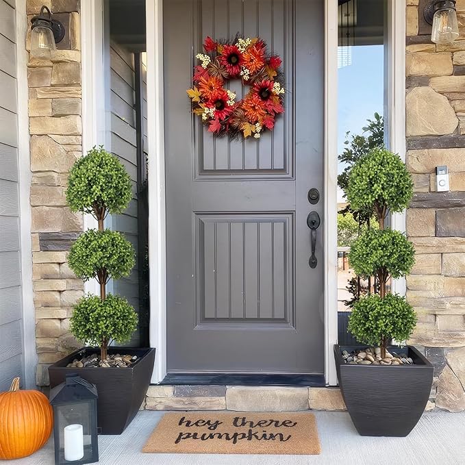 THE BLOOM TIMES 55" Tall Artificial Boxwood Triple Ball Topiary Trees, UV Resistant Large Fake Potted Plants for Outdoor Planter, Realistic Faux Bushes Shrubs for Front Porch Outside Decor Set of 2