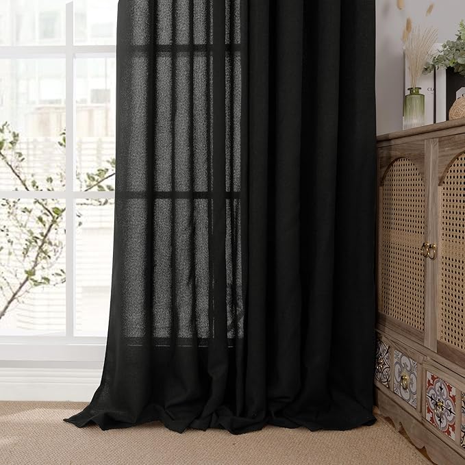 YoungsTex Black Linen Curtains 80 Inch Length for Living Room, Light Filtering Semi Sheer Window Drapes Bronze Grommet Privacy Halloween Decor for Dining Bedroom, 52 x 80 Inch, 2 Panels