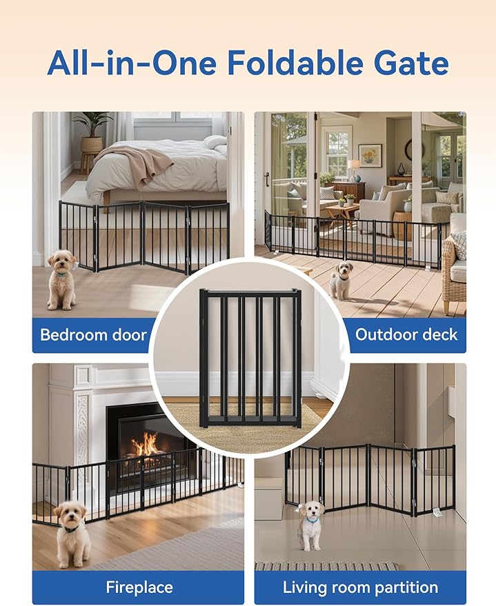 Metal Short Dog Gate, 16.5" High to Step-Over, Free Standing Foldable Pet Gate, Up to 72" Wide Puppy Fence for Stairs and Doorways, Indoor & Outdoor Use, No Drilling and No Assembly, Black