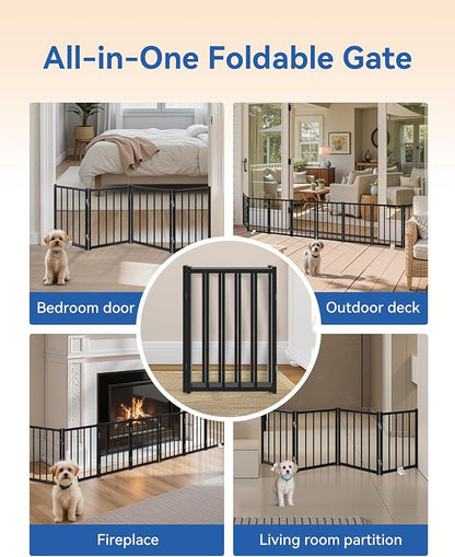 Metal Short Dog Gate, 16.5" High to Step-Over, Free Standing Foldable Pet Gate, Up to 96" Wide Puppy Fence for Stairs and Doorways, Indoor & Outdoor Use, No Drilling and No Assembly, Black