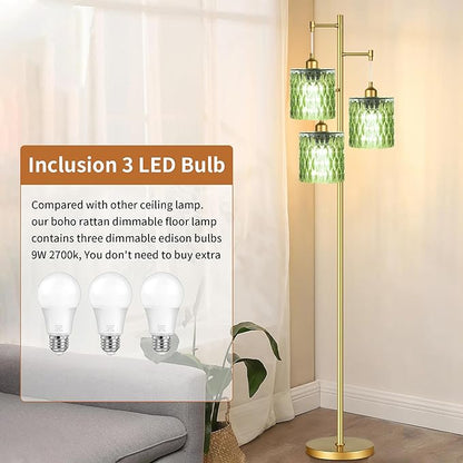 Gold Floor Lamp for Living Room Bedroom,3 Lights Vintage Tree Floor Lamps with Green Glass Shades,Mid Century Modern Floor Lamp for Corner Office,68IN Unique Tall Standing Lamp with Bulbs