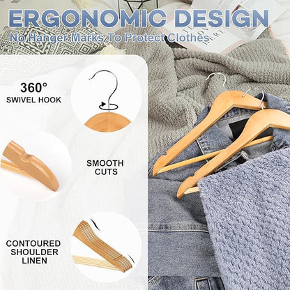 Wooden Hangers 30 Pack, Heavy Duty Wood Hangers for Coats, Suits, Jackets, Closet & Pants Durable Premium Wood Hangers with 360-Degree Rotatable Hook and Notches, Natural