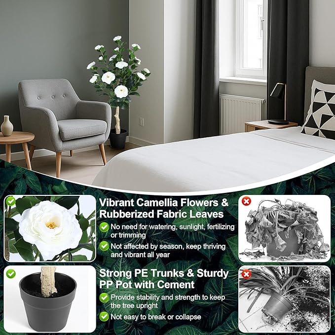 3FT Artificial Camellia Tree, 2 Pack Fake Camellia Tree Artificial Tree, Faux Floral Plants in Cement Pot, Greenery Potted Plant for Indoor Outdoor Home Office Porch Decor (White)