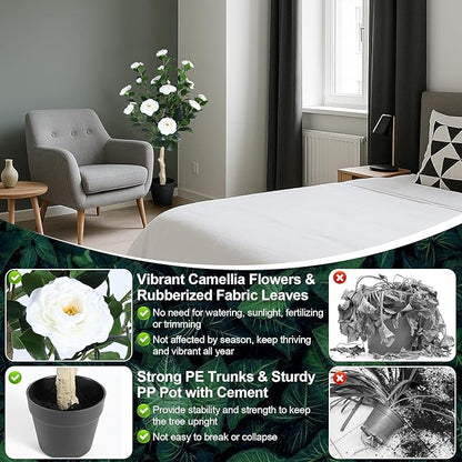 3FT Artificial Camellia Tree, 1 Pcs Fake Camellia Tree Artificial Tree, Faux Floral Plants in Cement Pot, Greenery Potted Plant for Indoor Outdoor Home Office Porch Decor (White)