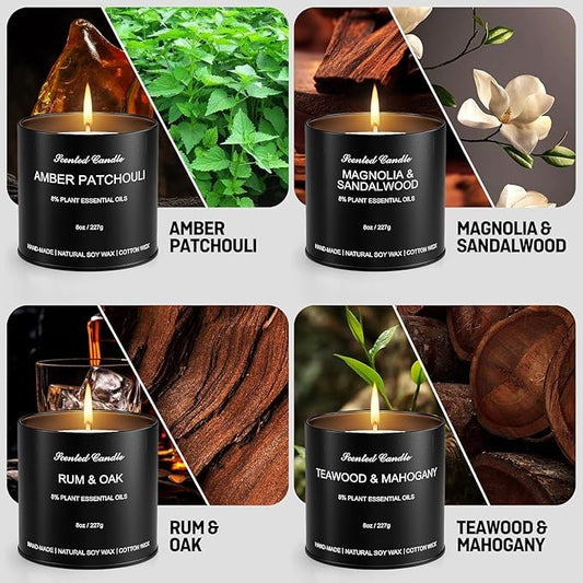 Men's Scented Candle Sets | 4 Pack Aromatherapy Candles Gift in Matte Black Tins for Christmas,Father | Soy Wax Manly Candles of Amber Patchouli,Rum&Oak,Teawood&Mahogany,Magnolia&Sandalwood