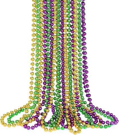 YAXINRUI Mardi Gras Beads Necklaces, 15pcs 33' 7mm Metallic Gold Green Purple Bead Party Favors