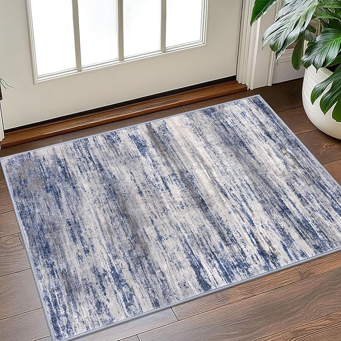 KOZYFLY Modern Abstract Rugs for Entryway 2x3, Washable Kitchen Rug Non-Slip Soft Small Bathroom Rug, Grey-Blue Striped Entryway Rugs Abstract Faux Wool Doormat for Bedside Entrance Bedroom Sink