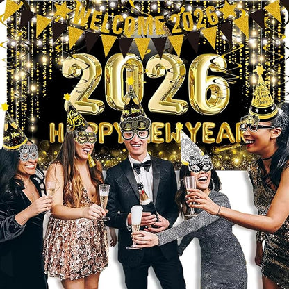 2026 New Years Eve Party Supplies Set, Large Happy New Year 2026 Background Banner, Party Cone Hats, Welcome 2026 Banner, 2026 New Years Eyeglasses and Party Blowers