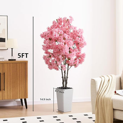 Artificial Cherry Blossom Tree, 5FT Fake Plants Indoor, Faux Pink Sakura Flowers Blooming Tree in Pot, Artificial Trees Silk Plant for House Bedroom Living Room Office Entryway Porch Decor