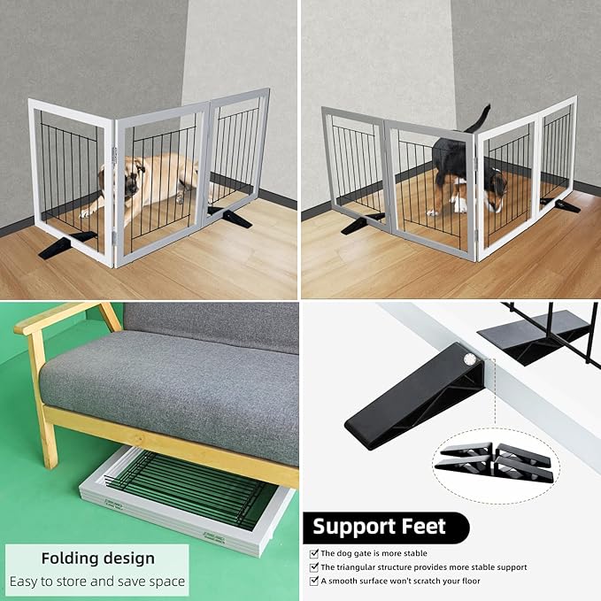 ZJSF Freestanding Dog Gate Indoor, Foldable Dog Fence for Doorways,Hallways or Stairs, Sturdy Wood Extra Wide Pet Gate with Support Feet,Grey,32 "Height-3 Panels