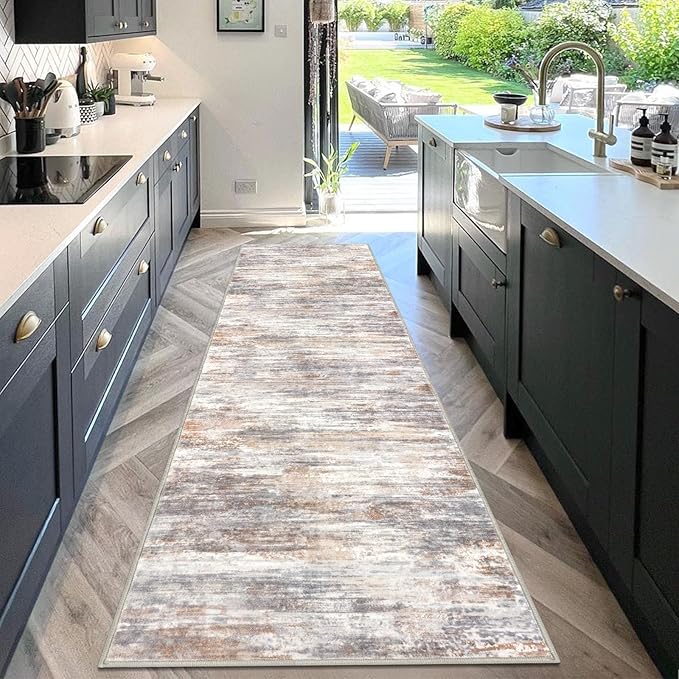 KOZYFLY 3x10 Ft Rug Modern Ombre Runner Rug for Hallway, Washable Kitchen Rugs Non-Slip Soft Striped Entryway Rug, Print Multi Grey Abstract Carpet for Laundry Nursery