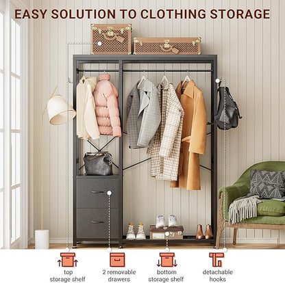 Lulive Clothes Rack, Heavy Duty Garment Rack for Hanging Clothes, Industrial Clothing Racks with Shelves, 2 Fabric Drawers, 4 Hooks, 2 Hanging Rods, Freestanding Closet Organizer, Black
