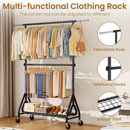 Heavy Duty Clothes Rack for Hanging Clothes, Double Rods Clothing Rack with Lockable Wheels, Rolling Metal Garment Racks Heavy Duty, Portable Wardrobe Closet Racks, Black