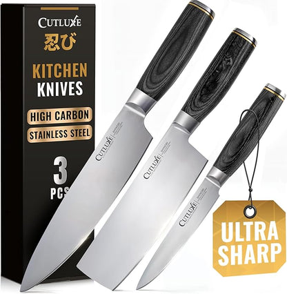 Cutluxe 3-Piece Chef Knife Set – Ultra Sharp Japanese Kitchen Knives, High Carbon Stainless Steel Blades, Full Tang Pakkawood Handles – Shinobi Series