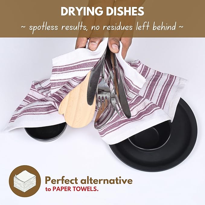 Native Fab Cotton Kitchen Towels - 16x26 inches - Set of 4 - Basket Weave Stripe Dish Towels for Cleaning, Drying Dishes, Absorbent Dish Cloths Set with Hanging Loop - Burgundy Maroon