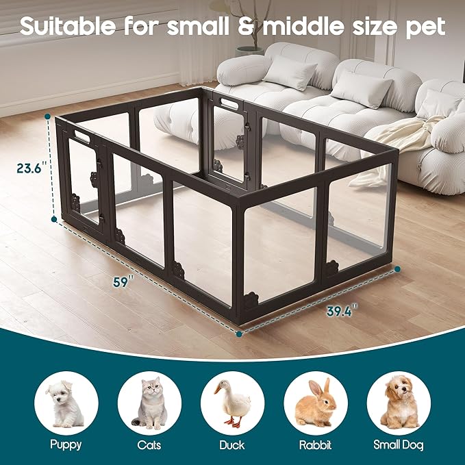 Albott Acrylic Clear Dog Playpen Indoor, Modular Puppy Cat Small Pet Play Pen with 2 Doors, Transparent Fence for Little Dogs, Cats, Rabbits, Easy Assemble and Disassemble, Black (24" H, 10 pcs)